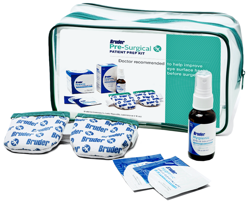 The Bruder Sx Pre-Surgical Patient Prep Kit includes hygienic eyelid wipes to help patients clean their eyes and prepare for surgery.